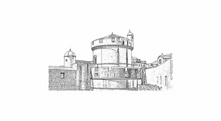 Obraz premium A sketch of an ancient stone fortress with multiple towers and crenellated walls