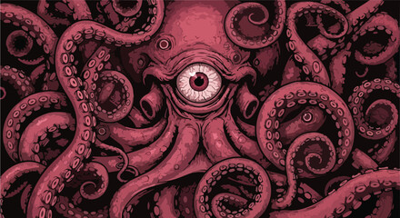 An illustration of an octopus with tentacles surrounding an all-seeing eye viewed from the front in a dark environment © faisalaladabi