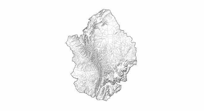 A grayscale topographic map showing intricate contour lines and shaded relief