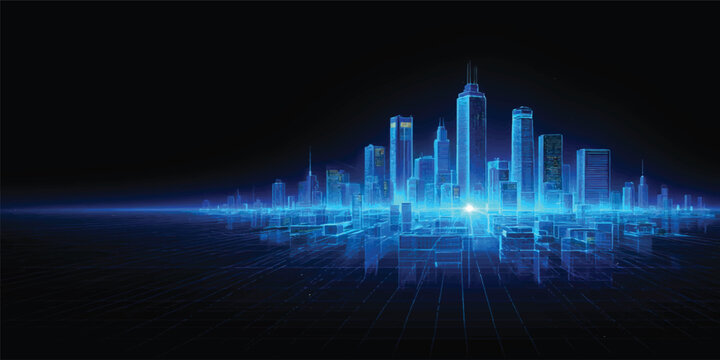 Blue abstract background featuring digital waves and a financial growth chart integrated with a city skyline and technological data lines for business and market illustration