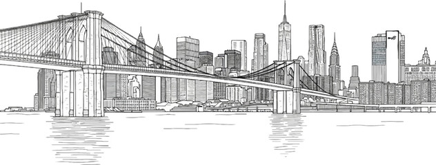 Fototapeta premium Stylized line art shows a suspension bridge crossing a river to a city skyline