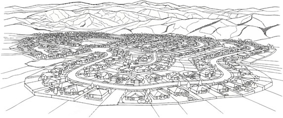 Fototapeta premium A detailed sketch of a sprawling suburban neighborhood nestled among rolling hills
