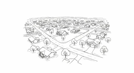 Fototapeta premium Aerial sketch of a suburban neighborhood with winding roads and houses (1)