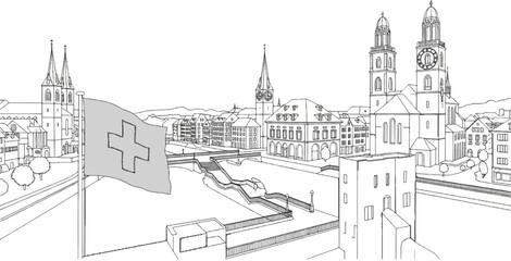 A Swiss flag waves over a picturesque city with historic architecture and a river