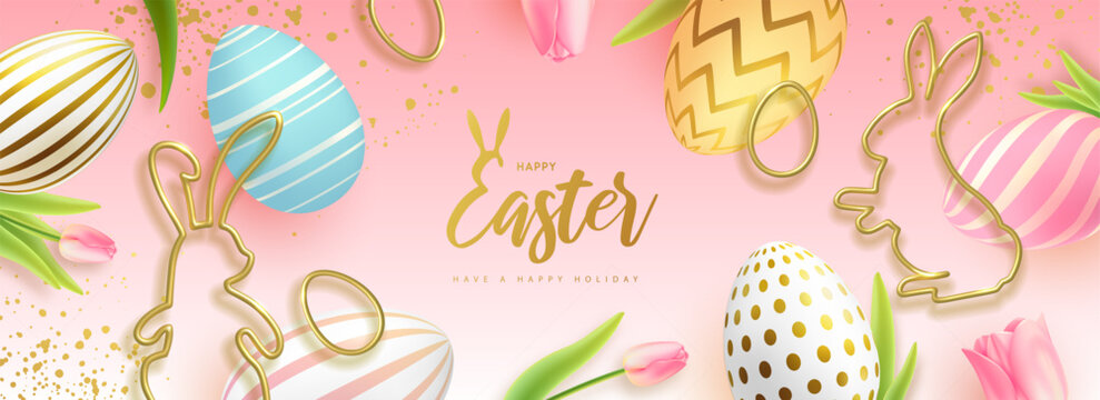 Happy Easter background with colorful easter eggs, golden rabbit silhouettes and tulips. Holiday greeting card or poster. Vector illustration