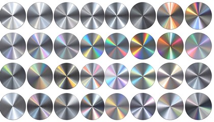 Thirty-six silver-toned circular metallic objects with conical surface texture and color variations