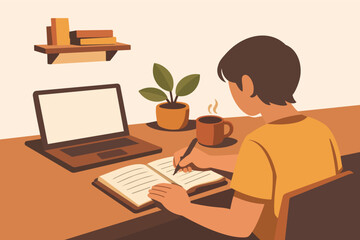 Fototapeta premium Person studying at home, writing in a notebook next to a laptop and a steaming mug