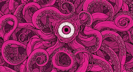 Intricate illustration of an octopus with tentacles surrounding a central eye, viewed from directly above in a surreal environment © faisalaladabi