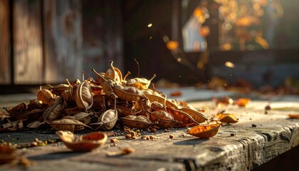 Pile of Brittle Dried Seed Pods Scattered on Weathered Wood, Muted Professional Camera