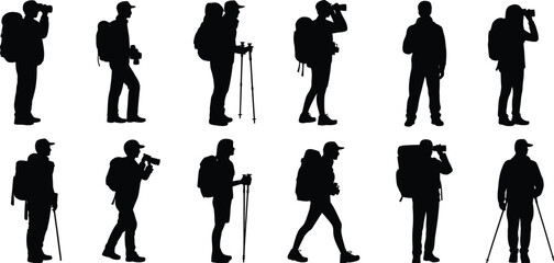 Silhouettes of photographers capturing diverse scenes with cameras and tripods isolated on white background, Vector, illustration