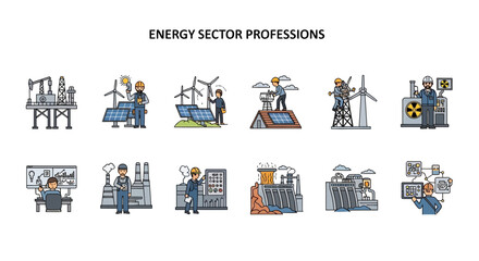 Fototapeta premium Ten icons illustrating various energy sector professions and infrastructure types