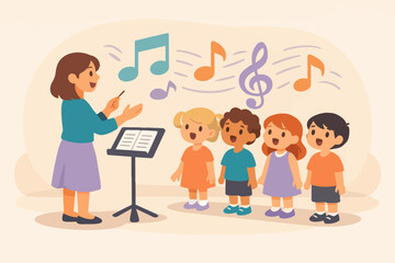 Obraz premium Music teacher conducting children choir, learning singing and notes in school class
