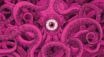 An illustration of a surreal scene featuring an octopus, tentacles, eye, illustration, and surrealism from a close-up viewpoint