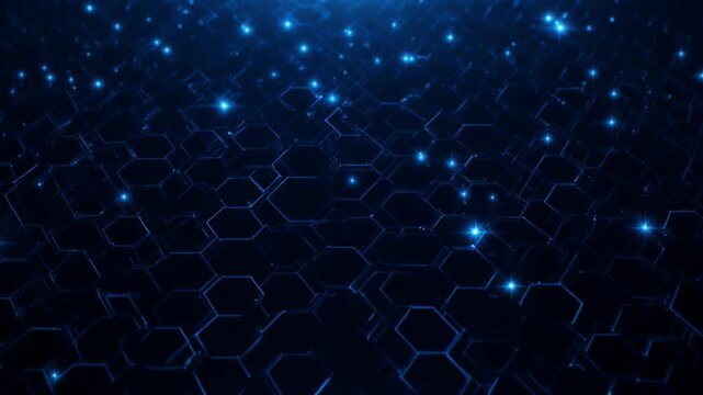 Futuristic blue hexagonal grid pattern with glowing nodes on a dark background for tech or innovation concepts