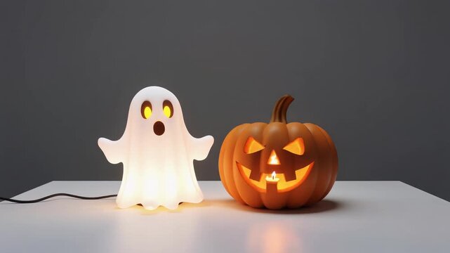 Glowing ghost lamp and jack-o-lantern on table for Halloween decoration