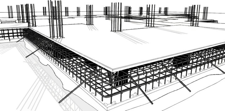 Detailed sketch of building foundation reinforcement and concrete slab