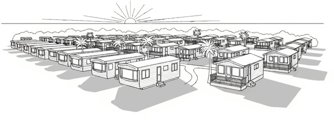 Fototapeta premium Rows of park homes under a rising sun, with trees and hills