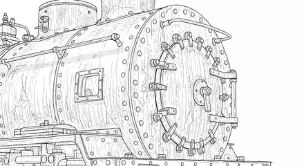 Obraz premium Close-up sketch of an old, riveted steam engine boiler with intricate details