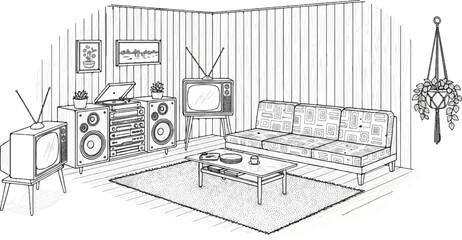 Retro living room with vintage electronics, patterned sofa, and hanging plant
