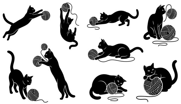 Cat Playing With Yarn Ball Silhouette Set &ndash;  Action Poses Black Vector Set Isolated