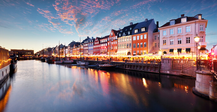 Panorama of Copenhagen canal Nyhavn at sunset, Denmark