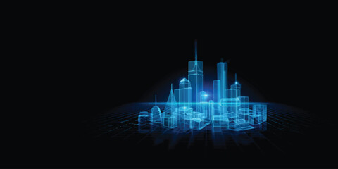 Abstract blue background featuring a futuristic digital city skyline with glowing light patterns and data technology charts for a modern urban business concept © JAHURA