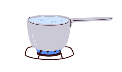 Water boiling in saute pan, pot on stove. Saucepan with hot liquid bubbles on gas burner, stovetop heat. Metal steel vessel on flame. Flat vector illustration isolated on white background