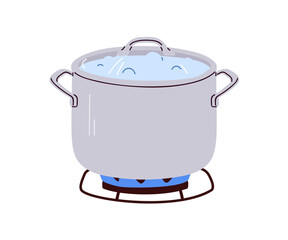 Water boiling in saucepan, casserole closed with lid. Stovetop pot on gas burner. Cooking liquid on stove, heat flame. Kitchen household. Flat vector illustration isolated on white background