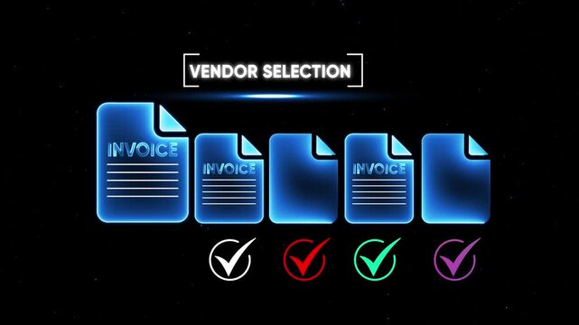 Vendor selection concept with invoice and checkmarks on a futuristic background document approval