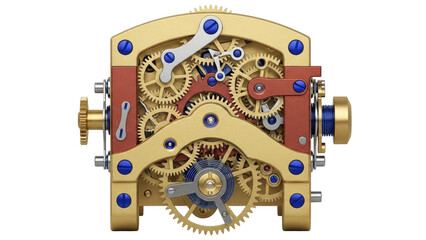 Isolated internal clockwork mechanism, brass gears, clock assembly, antique watch movement, engineering
