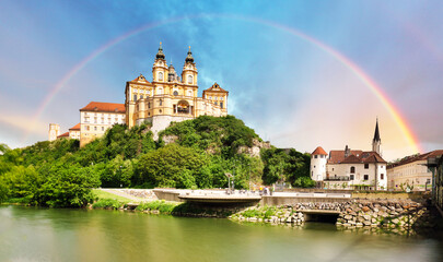 Melk stift, Austria. Benedictine abbey in Wachau valley at sunset.