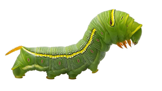 Isolated Green Caterpillar with Yellow Stripes crawls slowly in search of leaves to eat and grow