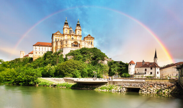 Melk stift, Austria. Benedictine abbey in Wachau valley at sunset.