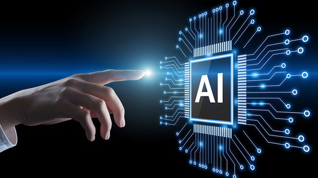 A hand reaching out to touch a glowing artificial intelligence AI chip on a circuit board, symbolizing human interaction with advanced technology