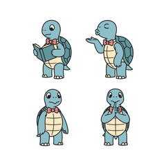 Fototapeta premium Cartoon turtle character in various poses with bow tie on white background