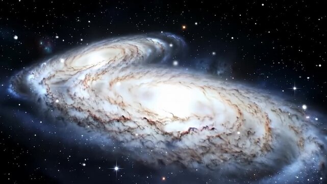 Stunning view of two spiraling galaxies merging in the vastness of space, showcasing cosmic beauty