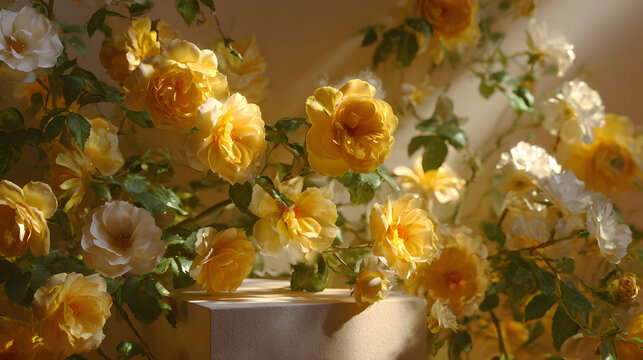 Podium background with flowers and roses on a yellow background, suitable for displaying beauty products on a 3d spring table. The podium is made of floral summer flowers and is suitable for a valenti