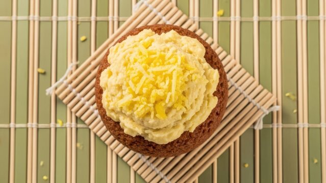 Overhead view of a single chocolate cupcake topped with yellow cheeseflavored frosting and shredded cheese on a bamboo mat
