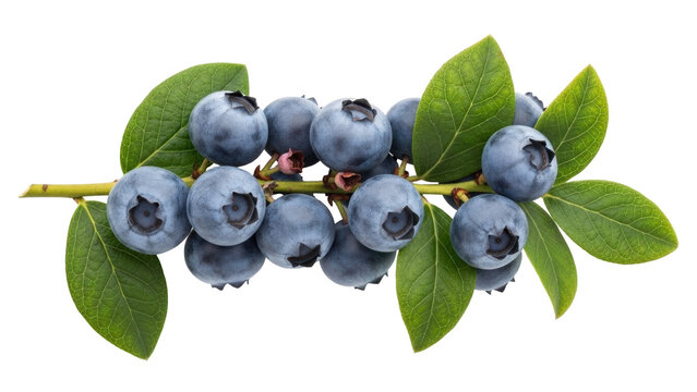 Isolated branch of fresh blueberries with green leaves, berry close-up for healthy diet and snack