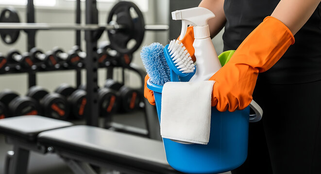 Close up of person in orange gloves holding bucket of cleaning supplies in a gym setting