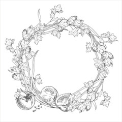 Obraz premium Wreath of the green onion, tomatoes, parsley and black pepper. For packaging design, cards, cover, prints, product labels and fabric.