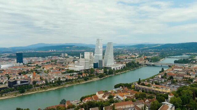 Basel, Switzerland. Skyscrapers. Basel is a city on the Rhine River in northwestern Switzerland, near the borders with France and Germany. Drone footage, Point of interest