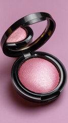 Lustrous pink compact powder case with open lid on a lavender background, showcasing shimmering texture