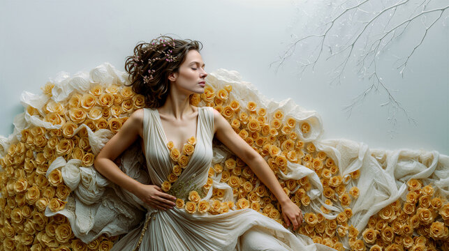 Studio shot showcasing stylish gown and floral backdrop. High fashion editorial featuring confident pose with elaborate gown and floral accents