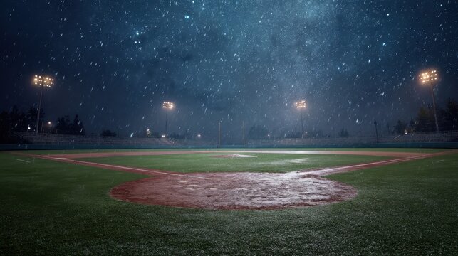 Empty baseball field at night during heavy rain. Concept of cancelled game or weather challenge in sport and outdoor event.