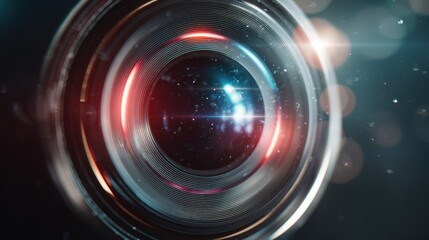 Obraz premium Camera lens with red and blue light reflection. Photography equipment concept. Optics device glass element for video or photo.