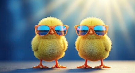 Easter sunday fun with cool chicks wearing sunglasses on a sunny day