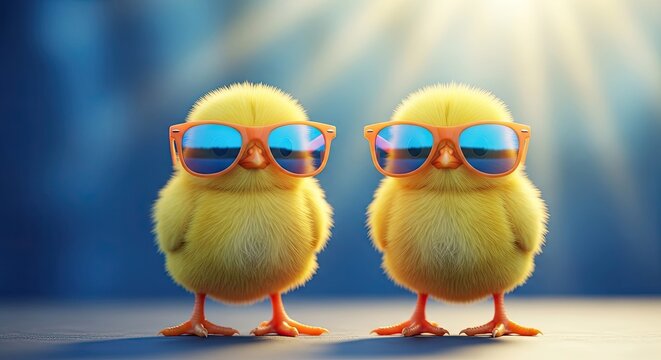 Easter sunday fun with cool chicks wearing sunglasses on a sunny day