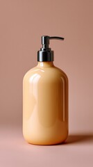 Plain refillable soap dispenser in a pastel peach studio setting, emphasizing simplicity and elegance