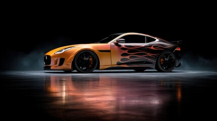 Obraz premium Sport car with flame decal on a black background. Automotive design and customization concept for speed and power display.